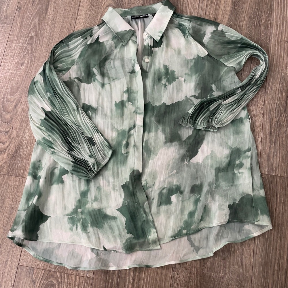Susan Graver Occasions Sage Green Watercolor Floral Pleated Sleeve Blouse MP